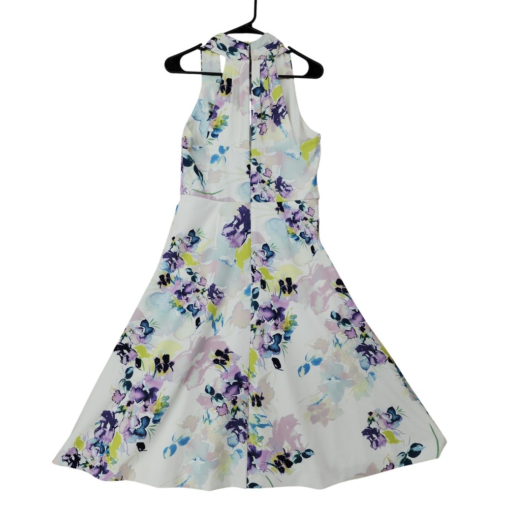 Donna Karan Dress 6 Midi Fit Flare Floral White Purple Watercolor Swing Spring - Picture 3 of 13